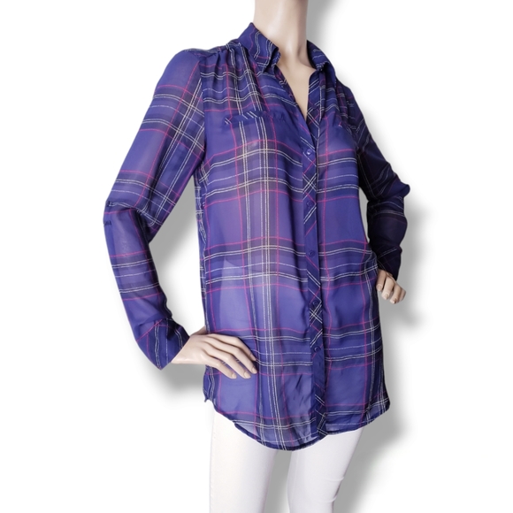 Guess Purple & Pink Plaid Print Chiffon Sheer Long Sleeve Blouse Size Small - Picture 3 of 8